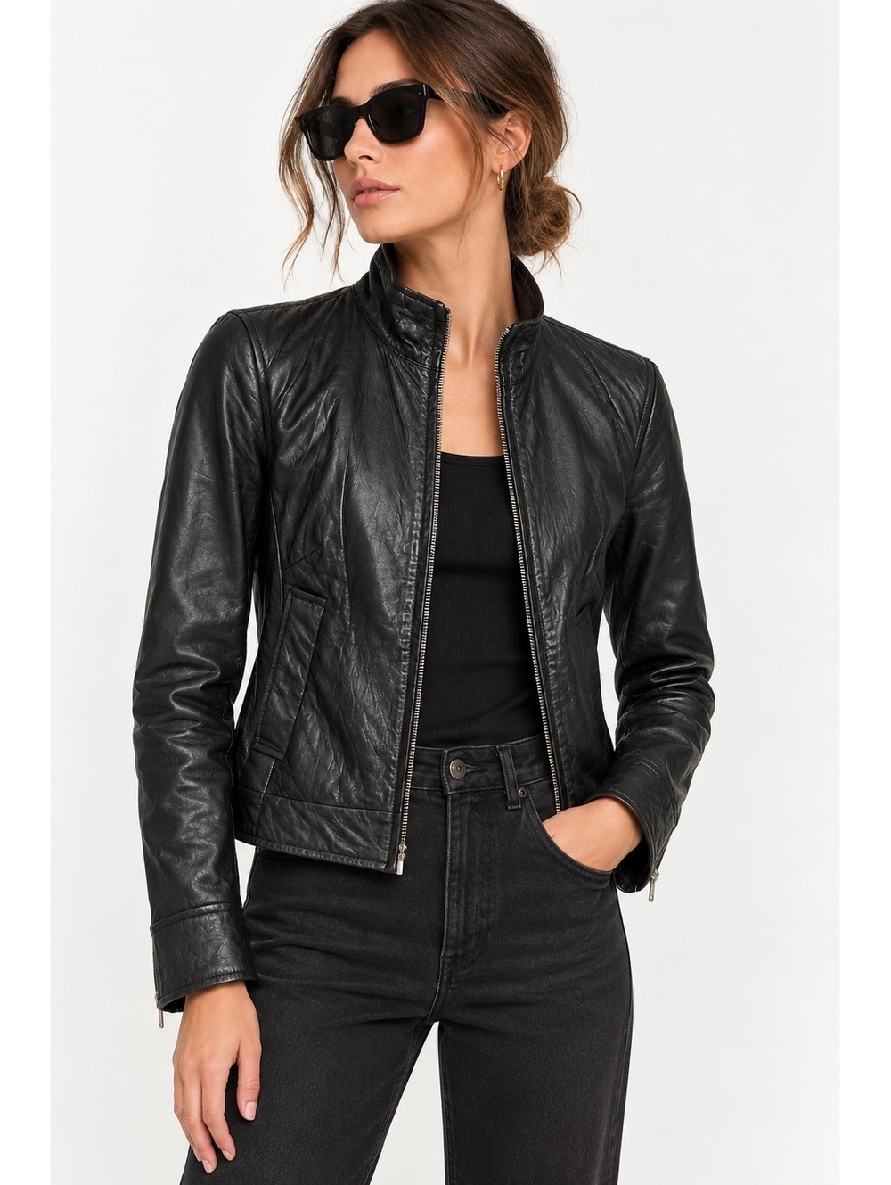 Vintage Banana Republic XS Black Leather Racer Jacket 90s Y2K Minimalist Moto